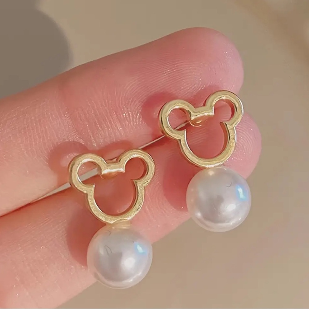 Gold Mickey Mouse Pearl Drop Earrings